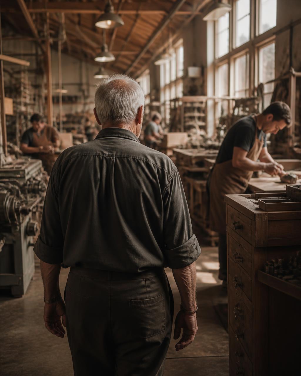 An older founder walking through his busy shop while employees work at their benches
